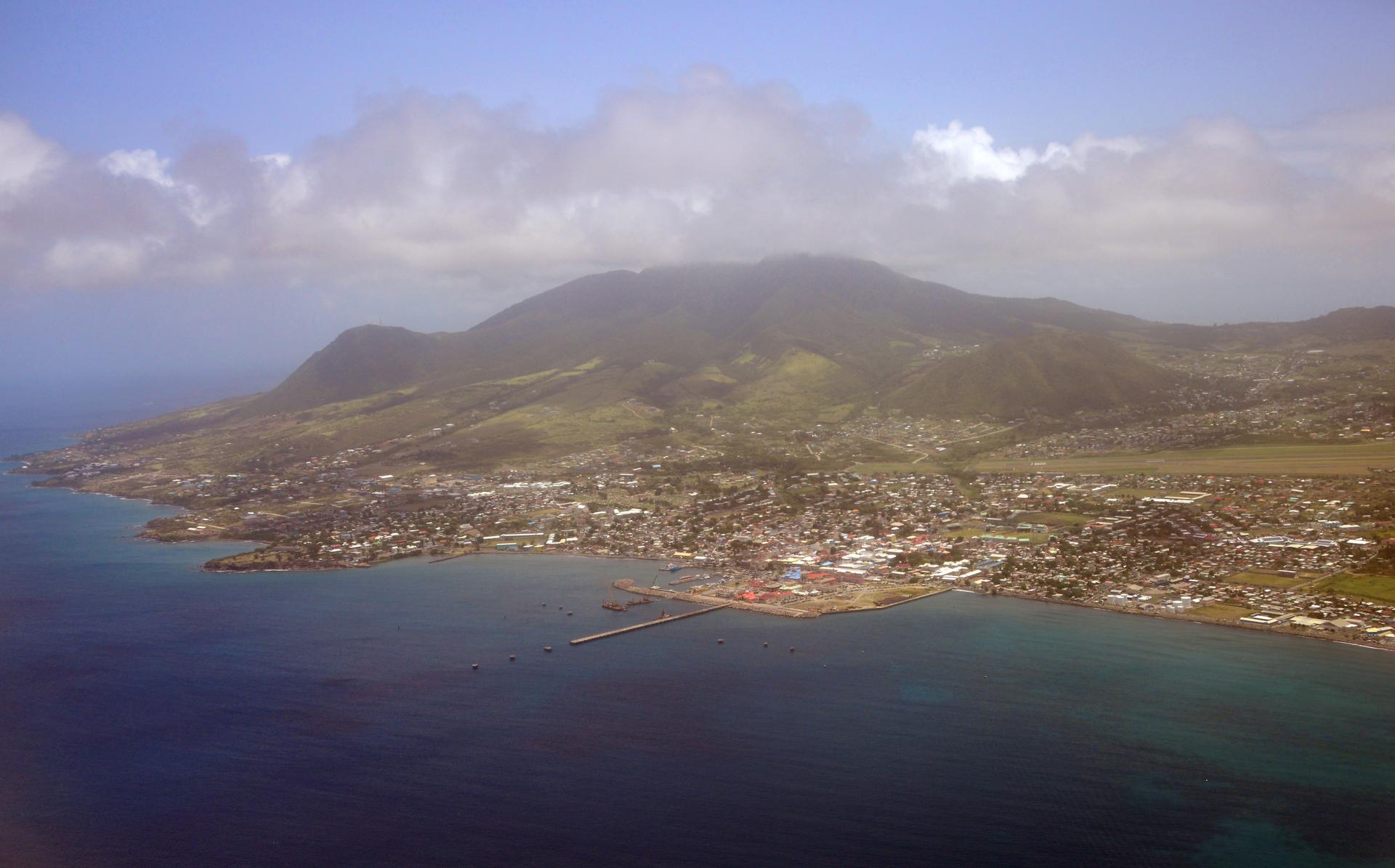 St Kitts island with its capital Basseterre at the center, St Kitts and Nevis - seen from the air - Mount Liamuiga